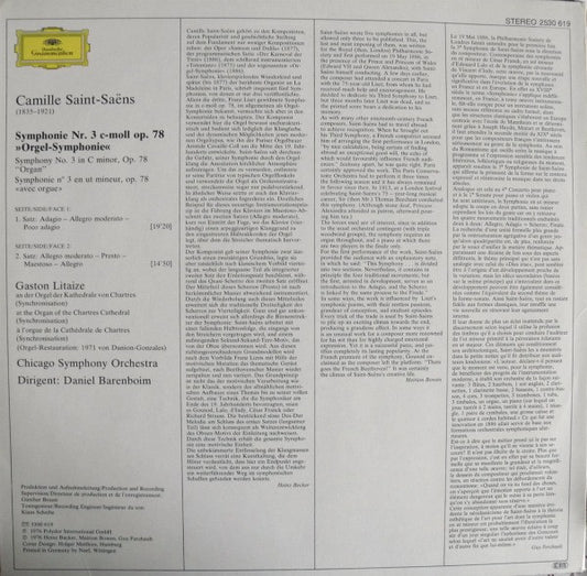 Camille Saint-Saëns – Gaston Litaize · Chicago Symphony Orchestra, Daniel Barenboim : Symphony No.3 "Organ" = „Orgel-Symphonie“ (LP, RP)