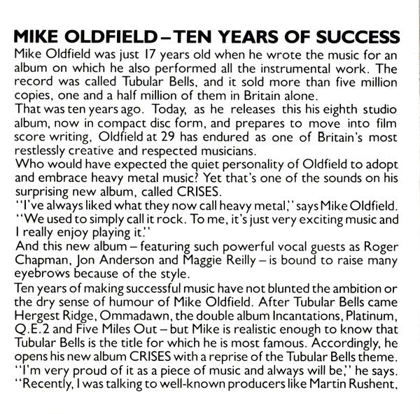 Mike Oldfield : Crises (CD, Album)