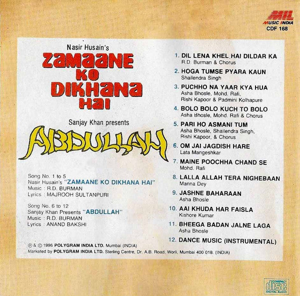 R. D. Burman : Zamaane Ko Dikhana Hai / Abdullah (CD, Comp)
