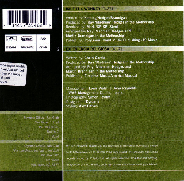 Boyzone : Isn't It A Wonder (CD, Single, Car)