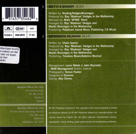 Boyzone : Isn't It A Wonder (CD, Single, Car)