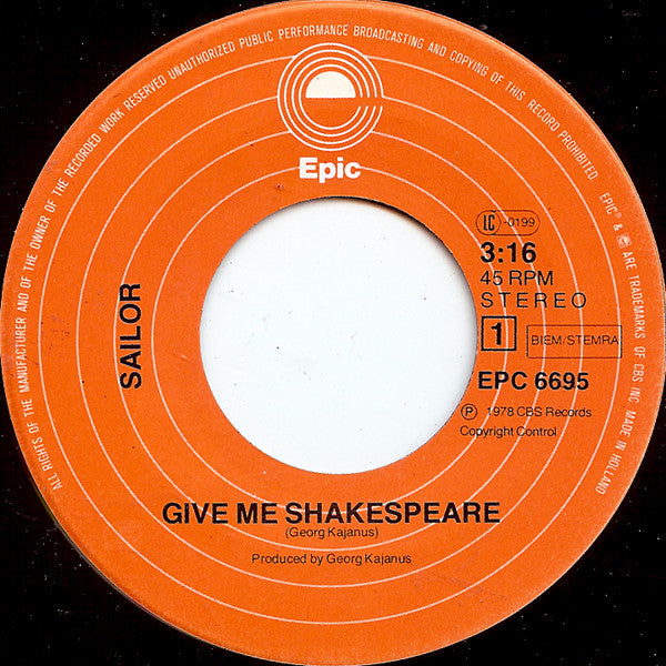 Sailor : Give Me Shakespeare (7", Single)