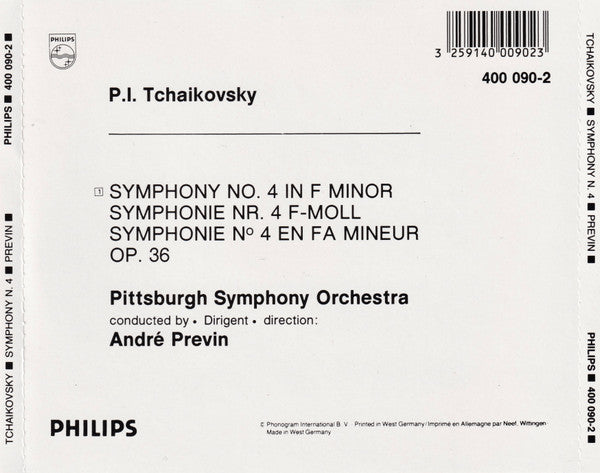 Pyotr Ilyich Tchaikovsky - Pittsburgh Symphony Orchestra, André Previn : Symphony No. 4 Op. 36 (CD, Album)