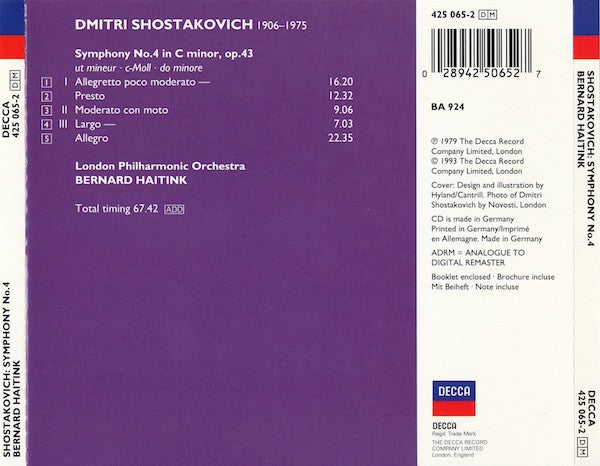 Dmitri Shostakovich - London Philharmonic Orchestra, Bernard Haitink : Symphony No.4 (CD, Album, RE, RM)
