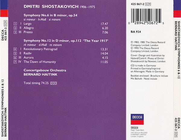 Dmitri Shostakovich, Concertgebouworkest, Bernard Haitink : Symphony No.6 / Symphony No.12 (CD, Comp)