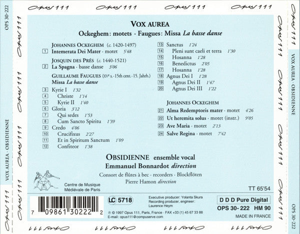 Johannes Ockeghem / Guillaume Faugues, Ensemble Obsidienne, Emmanuel Bonnardot : Vox Aurea  (CD)