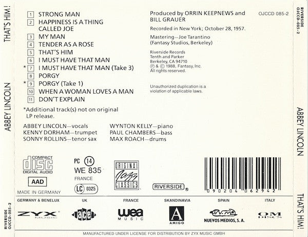 Abbey Lincoln : That's Him (CD, Album, RE, RM)