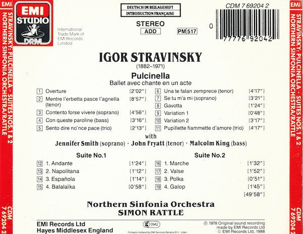 Igor Stravinsky - Northern Sinfonia, Sir Simon Rattle, Jennifer Smith (3), John Fryatt, Malcolm King : Pulcinella Complete Ballet/Vollständiges Ballett / Suites Nos. 1 & 2 (CD, Album, RM)