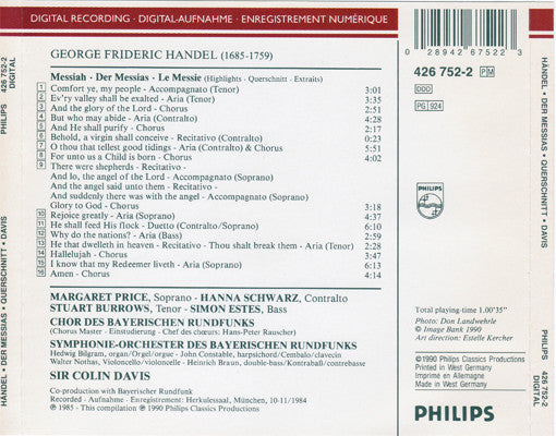 Georg Friedrich Händel | Margaret Price • Hanna Schwarz • Stuart Burrows • Simon Estes | Symphonie-Orchester Des Bayerischen Rundfunks Und Chor Des Bayerischen Rundfunks | Sir Colin Davis : Der Messias (Querschnitt) (CD, Comp)