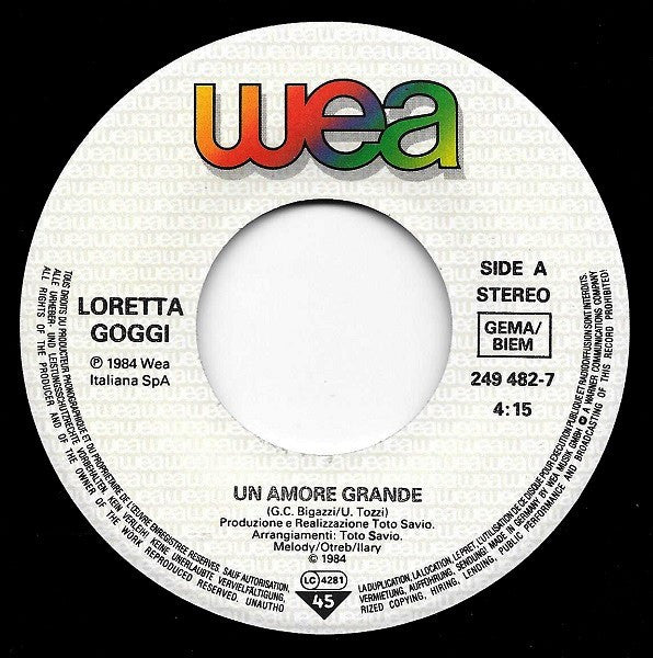Loretta Goggi : Un Amore Grande (7", Single)