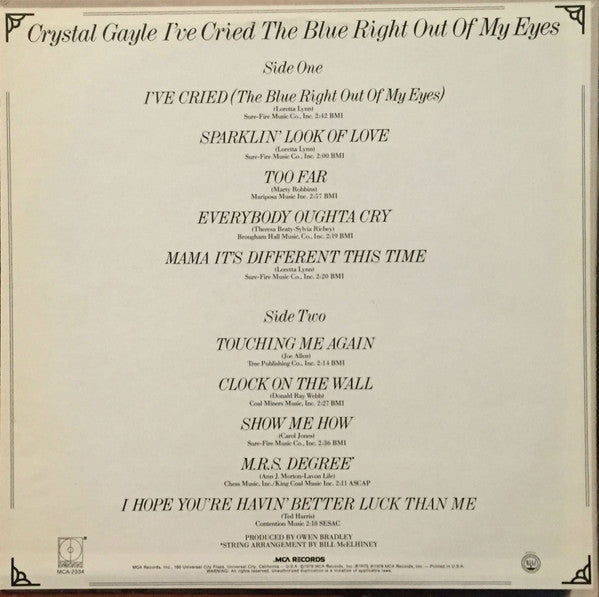 Crystal Gayle : I've Cried The Blue Right Out Of My Eyes (LP, Album, RE)