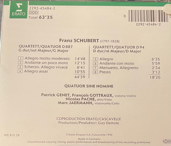 Franz Schubert - Quatuor Sine Nomine : Streichquartette D 94 & 887 (CD, Album)