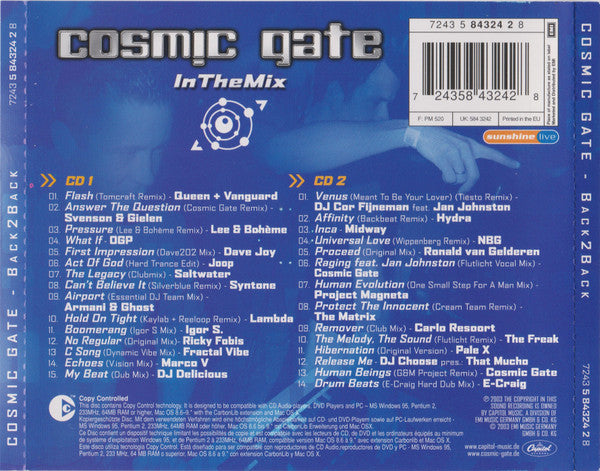Cosmic Gate : Back 2 Back – In The Mix (2xCD, Copy Prot., Mixed)