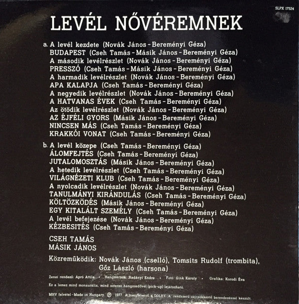 Cseh Tamás, Másik János : Levél Nővéremnek (LP)