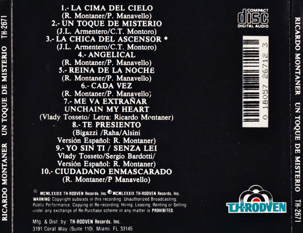 Ricardo Montaner : Un Toque De Misterio (CD, Album)