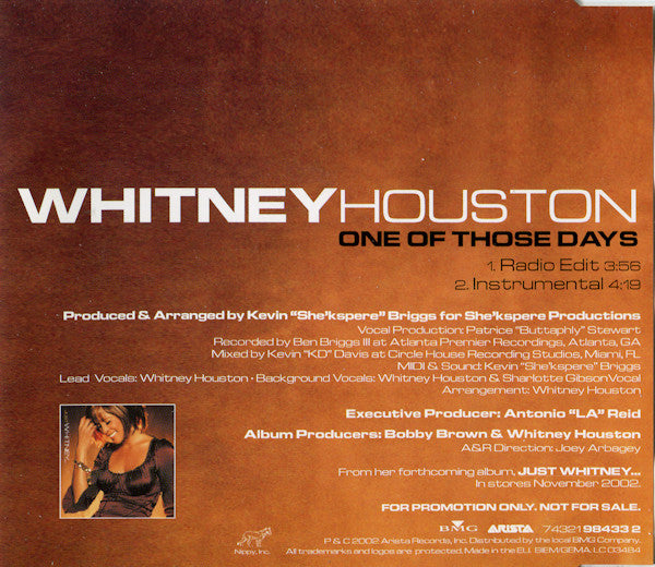 Whitney Houston : One Of Those Days (CD, Single, Promo)