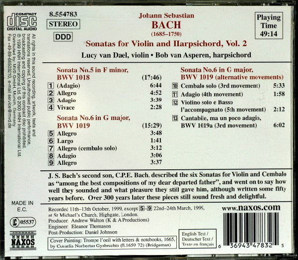 Johann Sebastian Bach - Lucy van Dael • Bob van Asperen : Sonatas For Violin And Harpsichord, Volume 2 (CD, Album)
