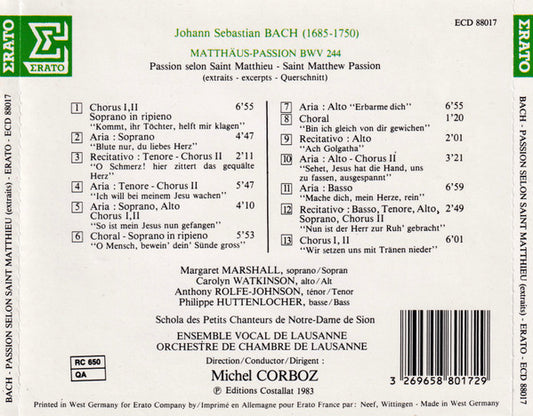 Johann Sebastian Bach, Ensemble Vocal De Lausanne & Orchestre De Chambre De Lausanne, Michel Corboz : Matthäus-Passion (CD, Album, RE)