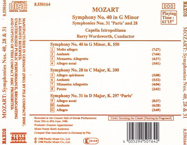 Wolfgang Amadeus Mozart - Capella Istropolitana, Barry Wordsworth : Symphony No.40 In G Minor / Symphony No.31 In D Major "Paris" / Symphony No.28 In C Major (CD, Album)