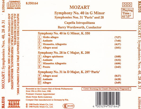 Wolfgang Amadeus Mozart - Capella Istropolitana, Barry Wordsworth : Symphony No.40 In G Minor / Symphony No.31 In D Major "Paris" / Symphony No.28 In C Major (CD, Album)