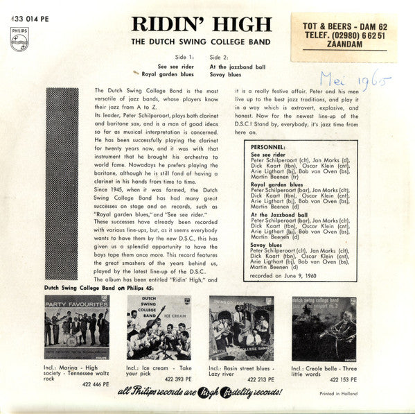 The Dutch Swing College Band : Ridin' High (7")