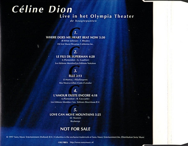 Céline Dion : Live In Het Olympia Theater: De Hoogtepunten (CD, Promo, Smplr)