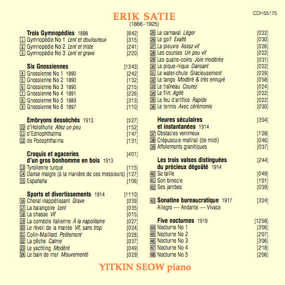 Erik Satie, Yitkin Seow : Piano Music (CD, Album, RE)