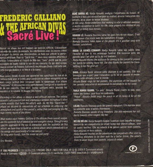 Frederic Galliano And The African Divas : Sacré Live! (CD, Album, Promo)