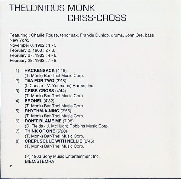 Thelonious Monk : Criss-Cross (CD, Album, RE)