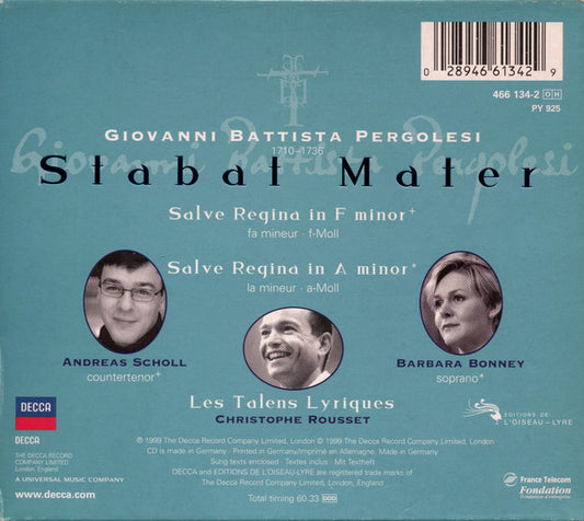 Giovanni Battista Pergolesi / Andreas Scholl, Barbara Bonney, Les Talens Lyriques, Christophe Rousset : Stabat Mater (CD, Album)