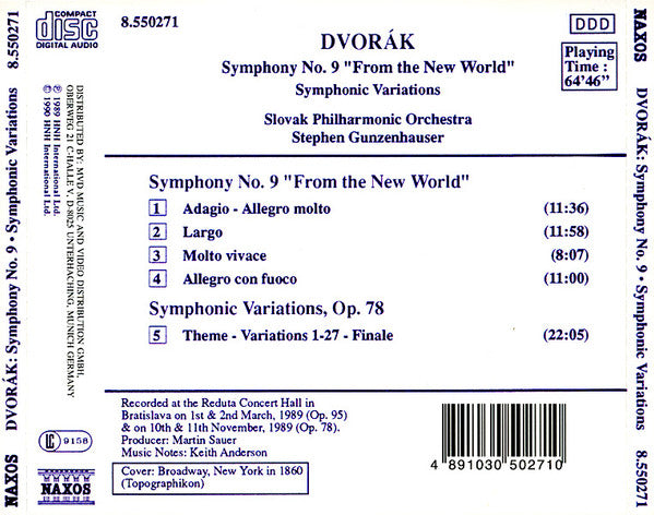 Antonín Dvořák, Slovak Philharmonic Orchestra, Stephen Gunzenhauser : Symphony No. 9 "From The New World", Symphonic Variations (CD, Album)