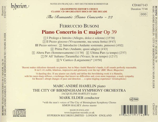 Ferruccio Busoni, Marc-André Hamelin, City Of Birmingham Symphony Orchestra, Mark Elder (2) : Piano Concerto Op XXXIX (CD, Album)