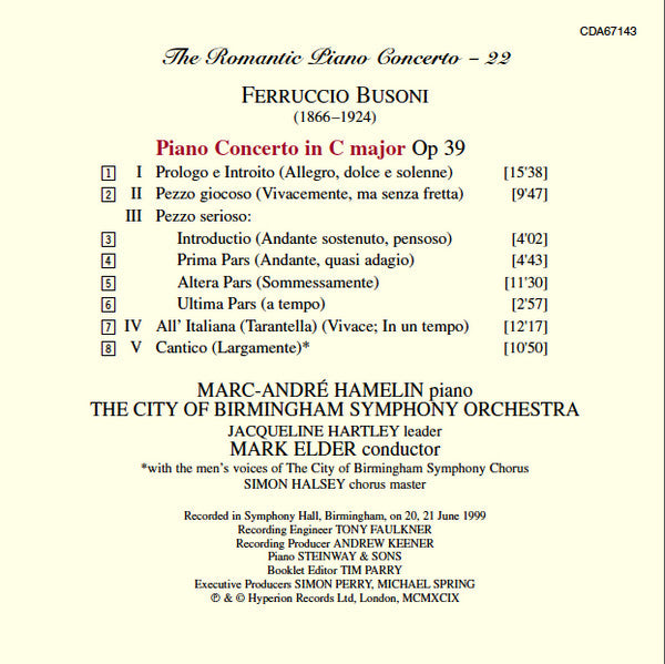 Ferruccio Busoni, Marc-André Hamelin, City Of Birmingham Symphony Orchestra, Mark Elder (2) : Piano Concerto Op XXXIX (CD, Album)