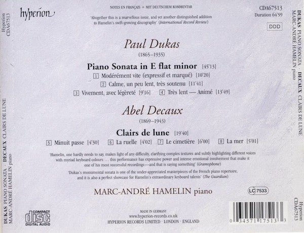 Paul Dukas / Abel Decaux, Marc-André Hamelin : Piano Sonata / Clairs De Lune (CD, Album)