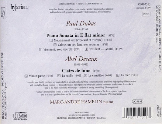 Paul Dukas / Abel Decaux, Marc-André Hamelin : Piano Sonata / Clairs De Lune (CD, Album)