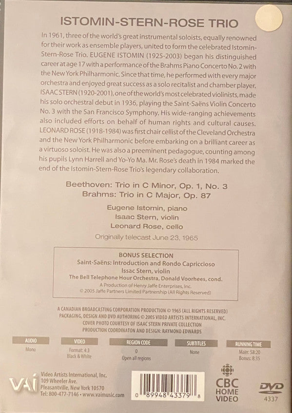 The Istomin/Stern/Rose Trio, Ludwig van Beethoven, Johannes Brahms : Trio In C Minor Op.1 No.3 / Trio In C Major Op.87 (DVD-V, Mono)