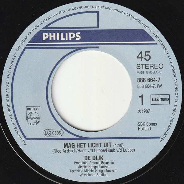 De Dijk : Mag Het Licht Uit (7", Single)