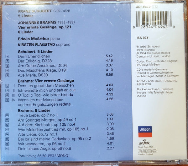 Johannes Brahms / Franz Schubert - Kirsten Flagstad : 5 Lieder / Vier Ernste Gesänge • 8 Lieder (CD, Album)