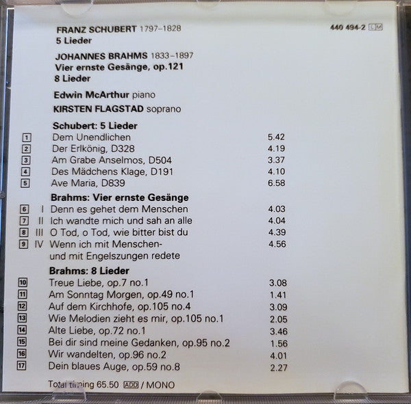 Johannes Brahms / Franz Schubert - Kirsten Flagstad : 5 Lieder / Vier Ernste Gesänge • 8 Lieder (CD, Album)