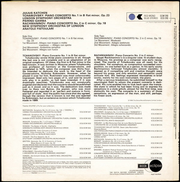 Pyotr Ilyich Tchaikovsky / Sergei Vasilyevich Rachmaninoff - Julius Katchen : Concerto N° 1 Pour Piano / Concerto N° 2 Pour Piano (LP, Fak)