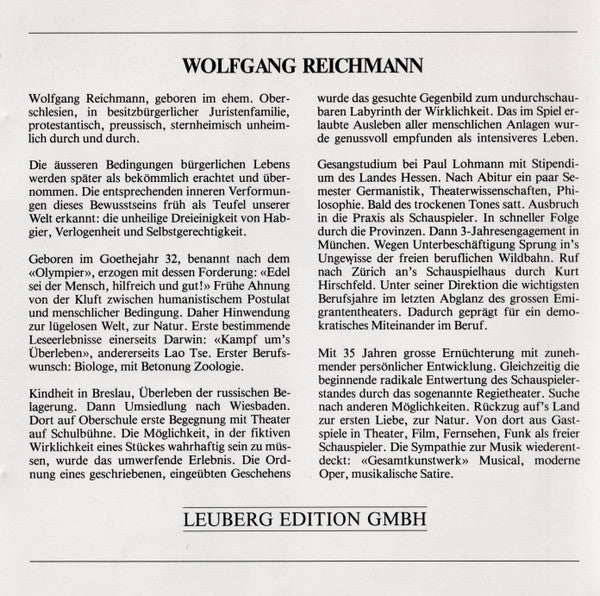 Kurt Tucholsky, Wolfgang Reichmann : Gruss Nach Vorn! Lieber Leser 1985... Der Neuen Jugend, Den Alten Freunden (CD)