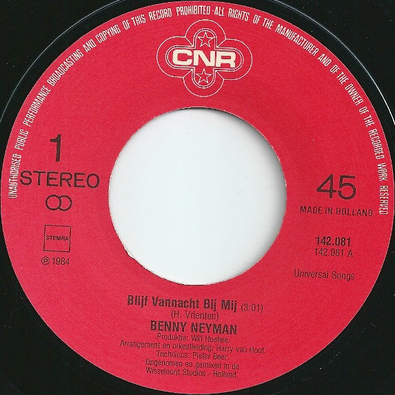 Benny Neyman : Blijf Vannacht Bij Mij (7", Single)