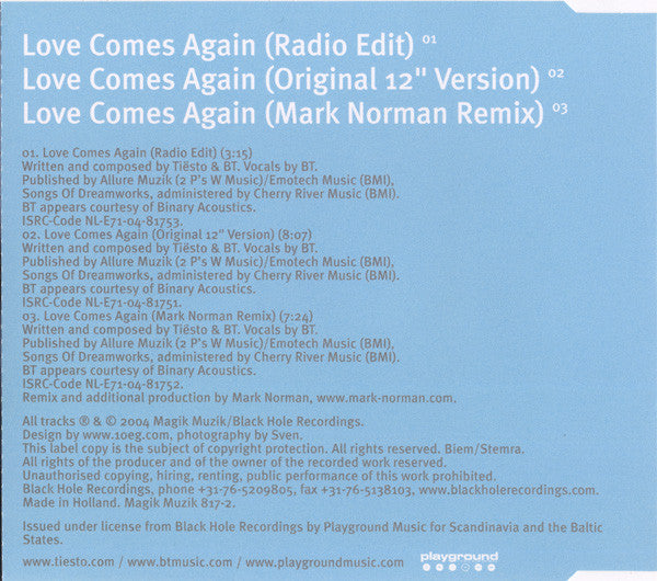 DJ Tiësto Featuring BT : Love Comes Again (CD, Single)
