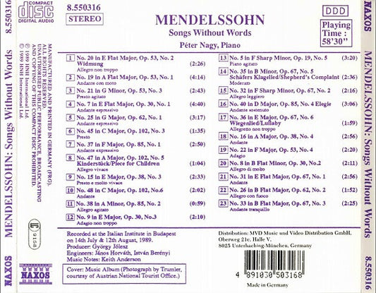Felix Mendelssohn-Bartholdy, Péter Nagy (2) : Songs Without Words (CD)
