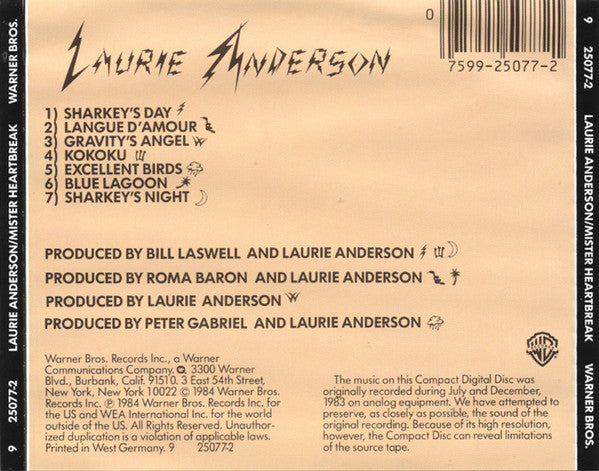 Laurie Anderson : Mister Heartbreak (CD, Album, Tar)