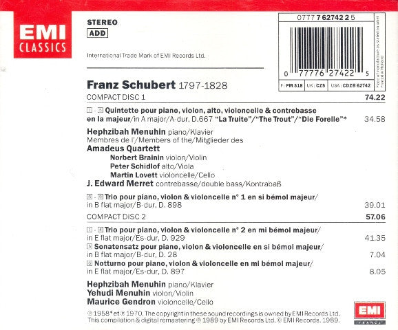 Franz Schubert / Hephzibah Menuhin, Yehudi Menuhin, Maurice Gendron, Amadeus-Quartett : Quintette "La Truite" - Trios Op. 99 & 100 - Sonatensatz - Notturno (2xCD, Comp)
