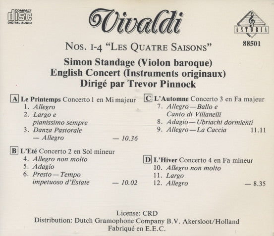 Antonio Vivaldi / The English Concert, Simon Standage, Trevor Pinnock : Vivaldi - Les Quatre Saisons (CD, Album)