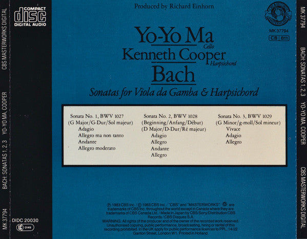 Johann Sebastian Bach / Yo-Yo Ma, Kenneth Cooper : Sonatas For Viola Da Gamba & Harpsichord (CD)