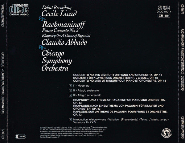 Cecile Licad, Sergei Vasilyevich Rachmaninoff, Claudio Abbado, Chicago Symphony Orchestra : Piano Concerto No. 2 / Rhapsody On A Theme Of Paganini (CD)