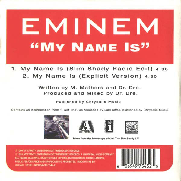 Eminem : My Name Is (CD, Single)